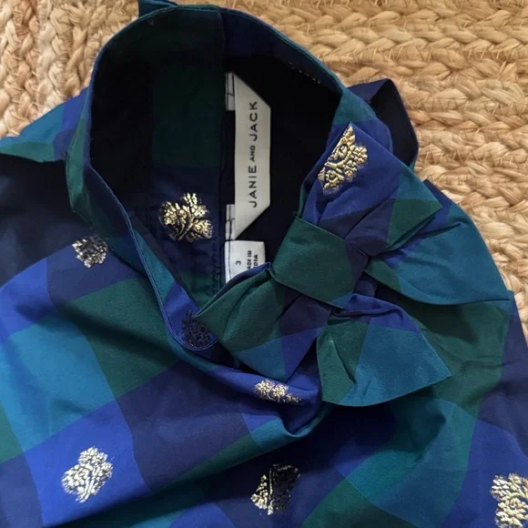 Janie & Jack Blue, Green, and Gold Plaid Party Dress with Bow - Picture 2 of 5